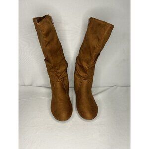 Brown Faux Suede Calf-High Slouch Boots With Side Zipper Closure